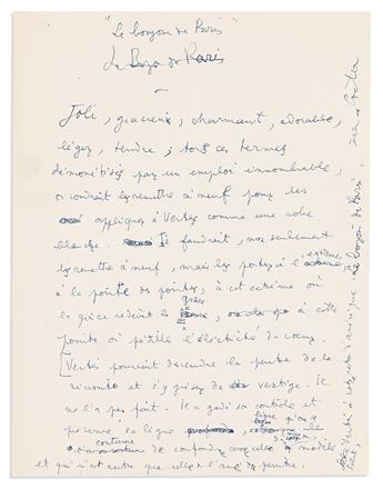 COCTEAU, JEAN. Group of 10 Autograph Manuscripts, including 5 Signed, brief or fragmentary working drafts of reviews for books or films